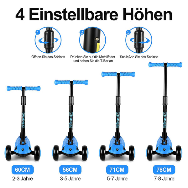 IMMEK Scooter With Three Wheels,4 Adjustable Height Kick Scooter For Kids With Steering Lock, Suitable For Boys And Girls Aged 2-8,Detachable