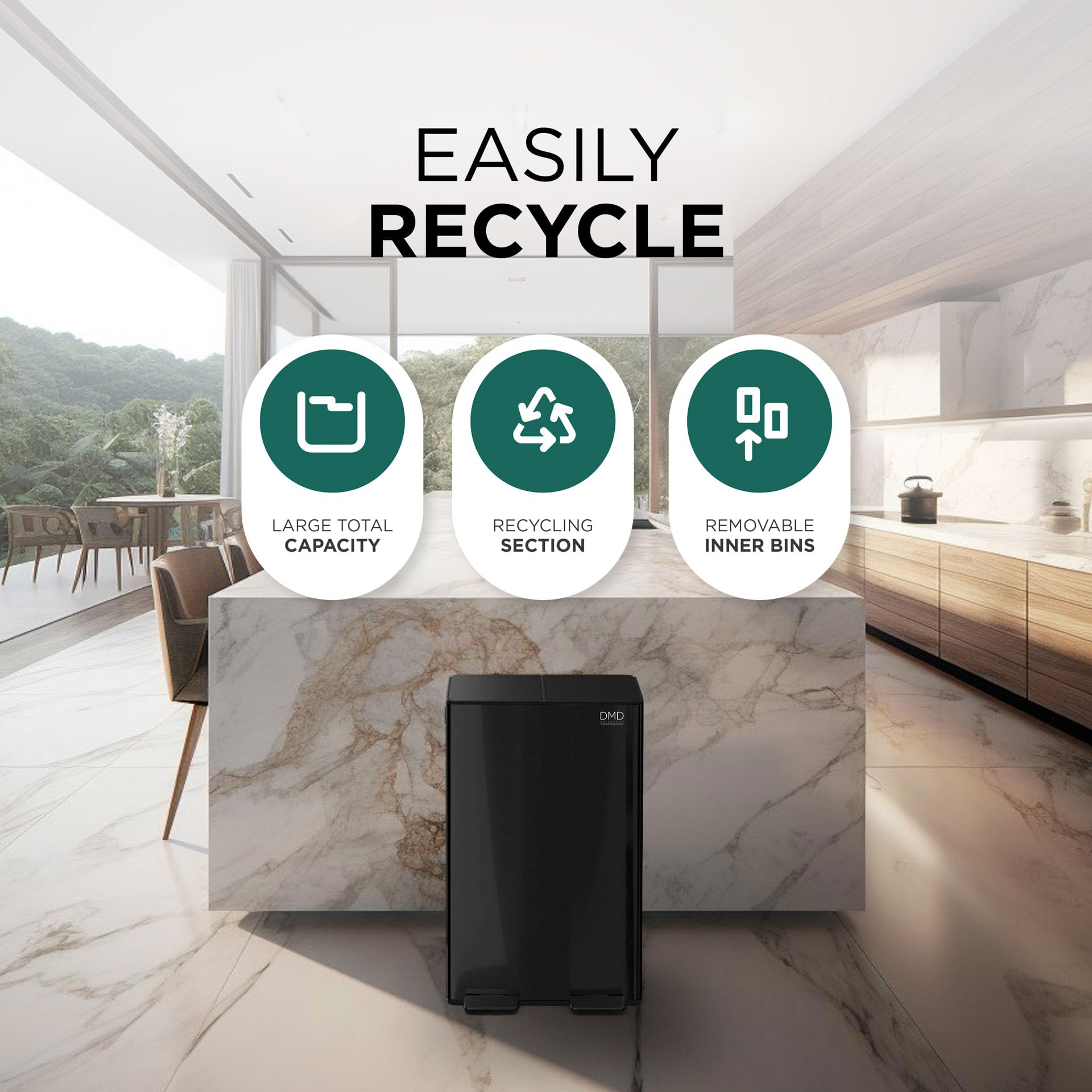 DMD | 60L Dual Stainless Steel Rubbish Bin, 2 x 30L Removable Recycling Bins | 3L Compost Bin Included, Soft Closure, Easy Clean, Metal Pedals,