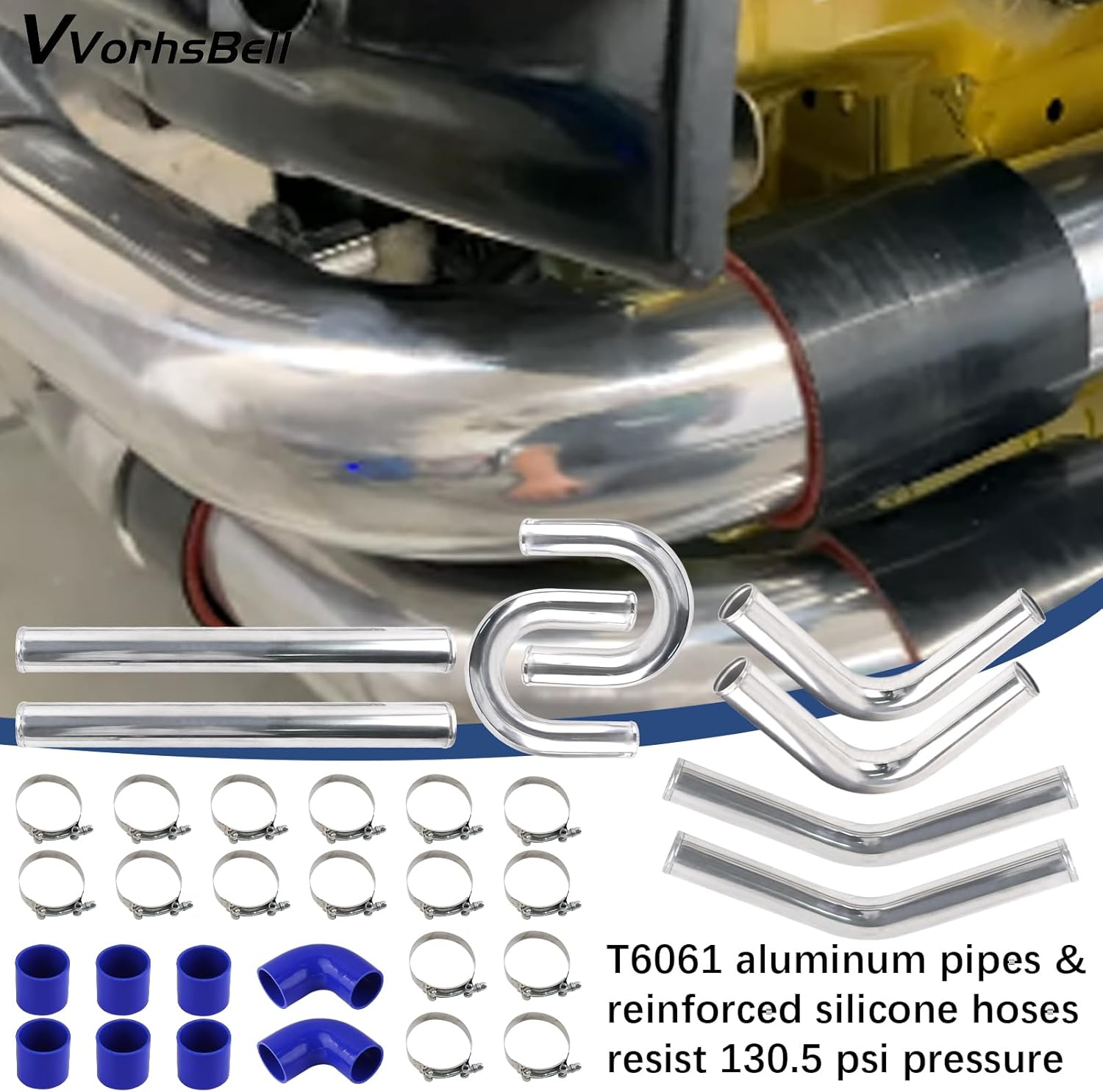 VVORHSBELL 2.5" Turbo Intercooler Pipe Universal Aluminum Turbo Intercooler Piping Set with Silicone Hoses & T-Clamps for Car Modifications (Diesel/Gas)