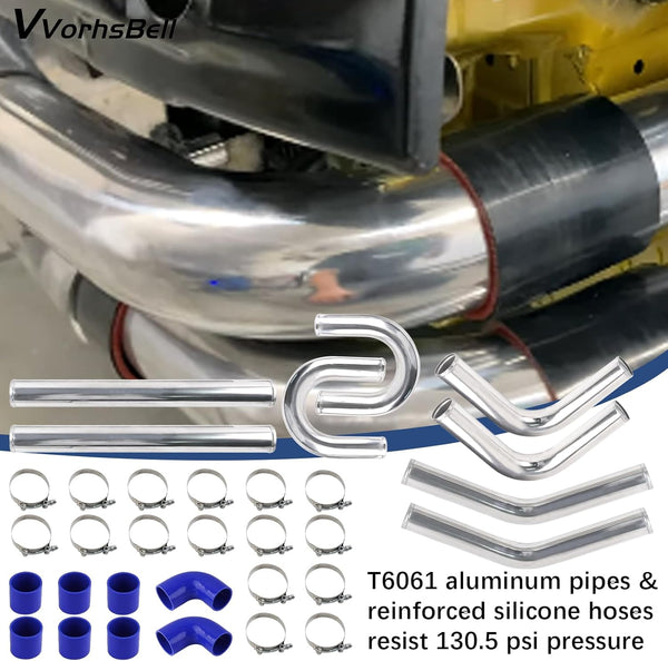 VVORHSBELL 2.5" Turbo Intercooler Pipe Universal Aluminum Turbo Intercooler Piping Set with Silicone Hoses & T-Clamps for Car Modifications (Diesel/Gas)