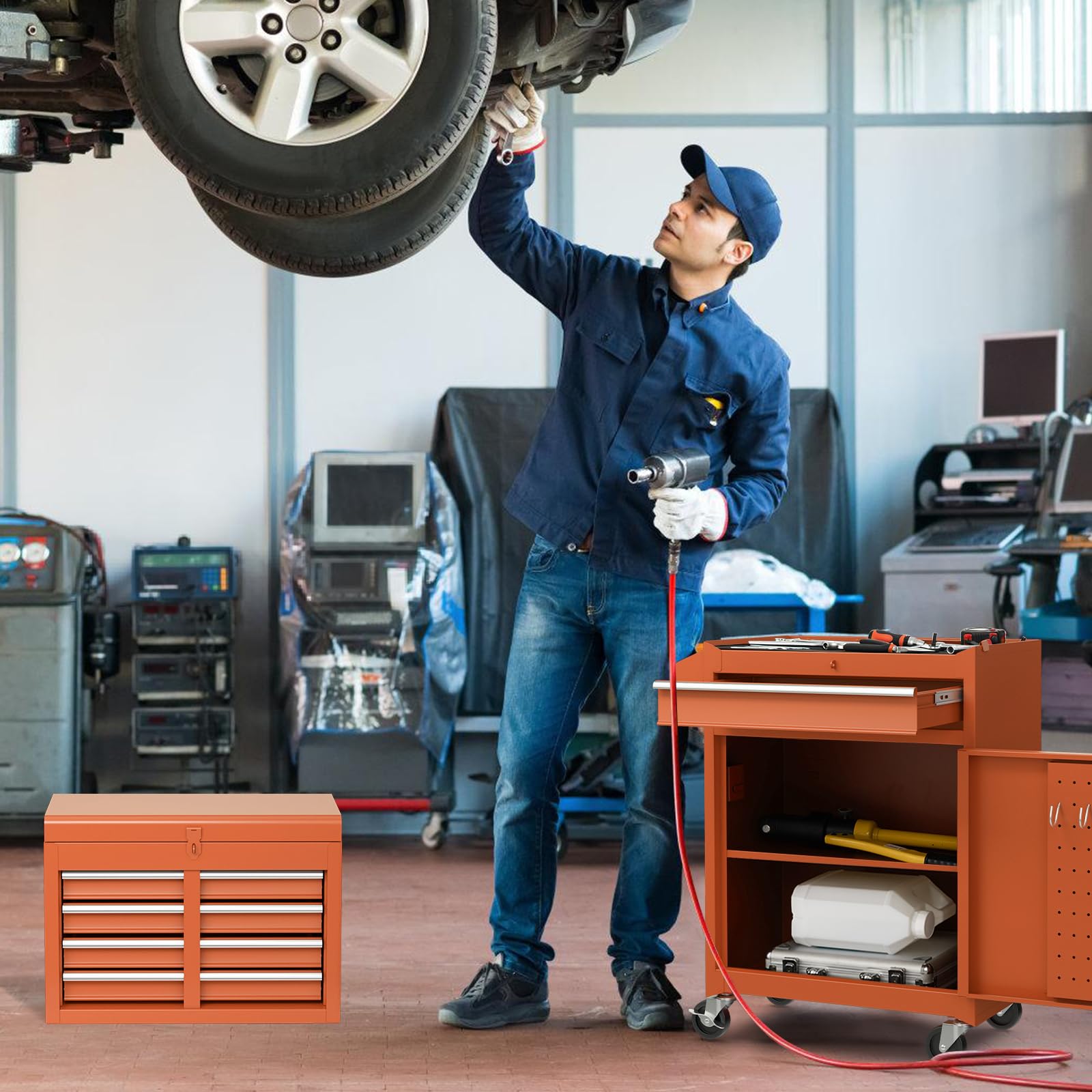 COSTWAY Large Rolling Tool Cabinet, 2-in-1 Detachable Metal Tool Chest with Drawers, Wheel, Handle, Hooks & Pegboard, Lockable Tool Box Trolley for Garage Workshop (with Middle Compartment, Black)