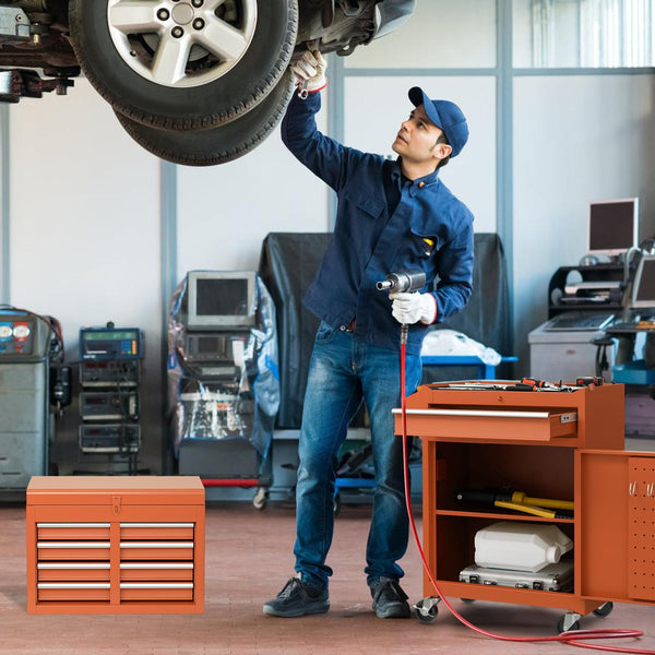 COSTWAY Large Rolling Tool Cabinet, 2-in-1 Detachable Metal Tool Chest with Drawers, Wheel, Handle, Hooks & Pegboard, Lockable Tool Box Trolley for Garage Workshop (with Middle Compartment, Black)