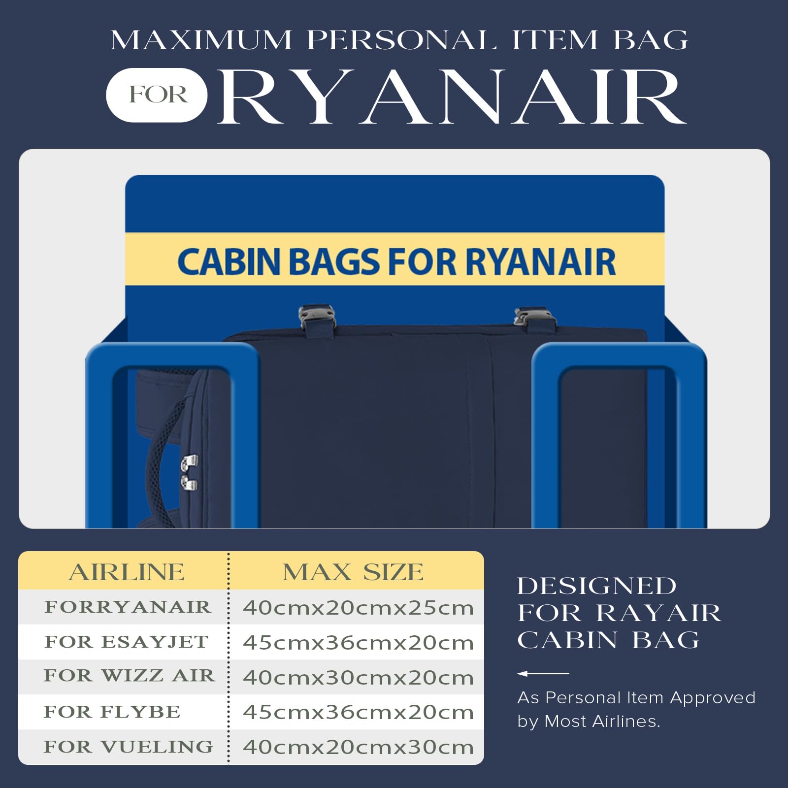 Cabin Bags 40x20x25 for Ryanair Underseat Carry-ons Bag Hand Luggage Bag Travel Backpack Cabin Size 20L