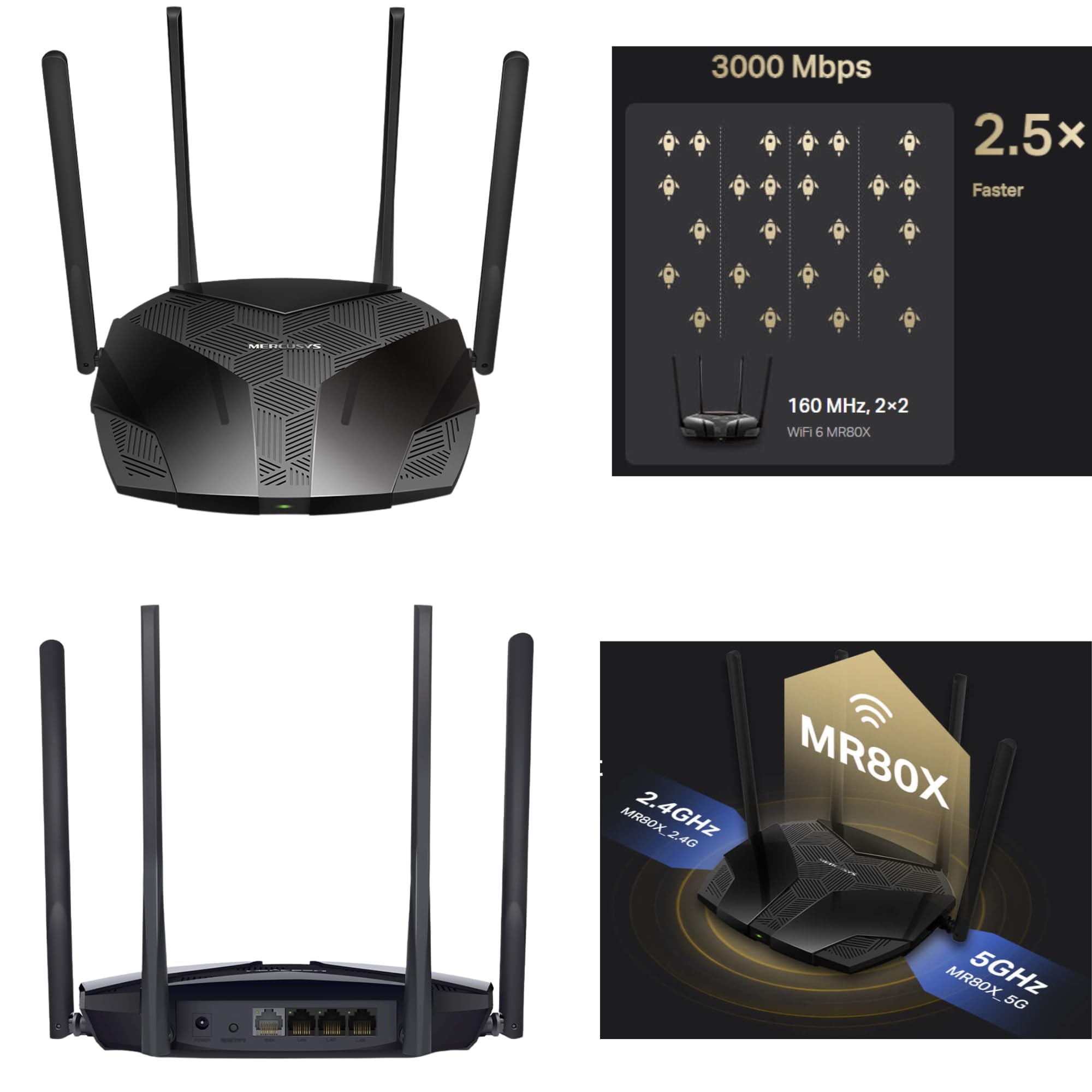 MERCUSYS MR80X Router WiFi 6 AX3000Mbps, Gigabit Ethernet Ports, TP-Link WiFi Router, 4 High-Gain Antennas, Easy Setup, Internet Booster Routers, WiFi Booster, Power Saving, App Control