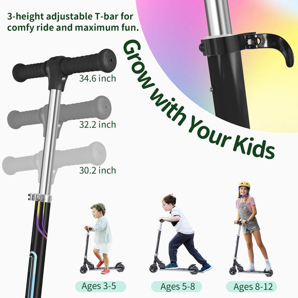 BELEEV V2 Scooters for Kids with Light-Up Wheels & Stem & Deck, 2 Wheel Folding Scooter for Girls Boys, 3 Adjustable Height, Non-Slip Pattern Deck,