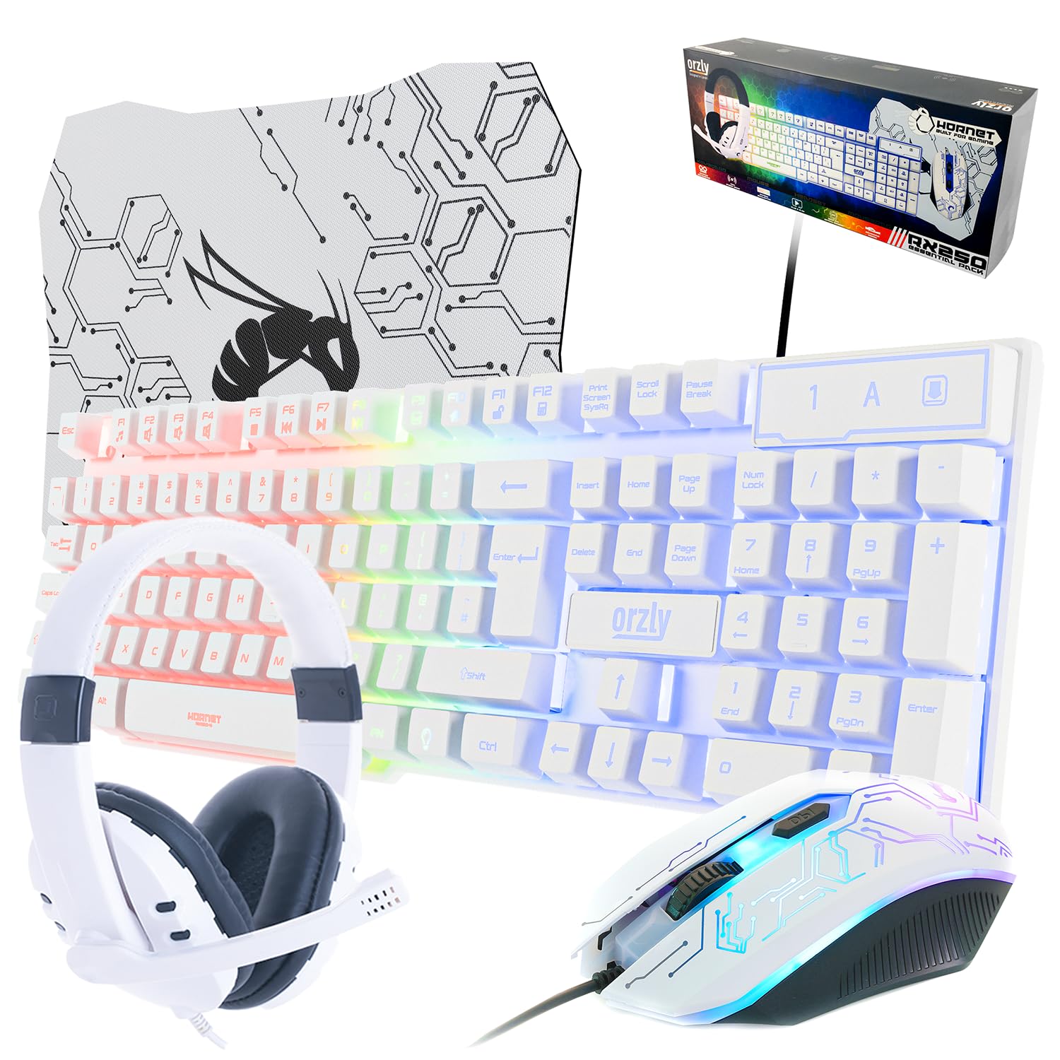 Gaming Keyboard and Mouse and Mouse pad and Gaming Headset, Wired LED RGB Backlight Bundle for PC Gamers Users - 4 in 1 Gift Box Edition Hornet RX-250