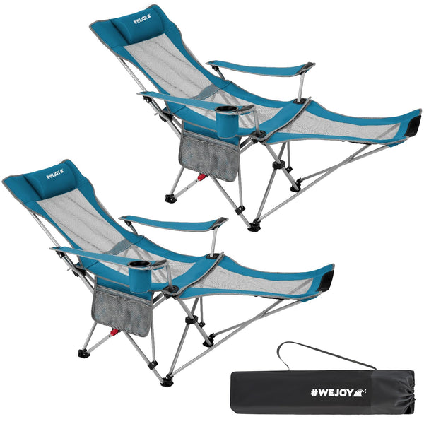 #WEJOY Camping Chairs Folding Recliner Chair Adjustable with Detachable Footrest Headrest Cup Holder Lightweight Portable Reclining Camp Chair Fold Up Chair for Outdoor Beach Garden, Cyan Set of 2