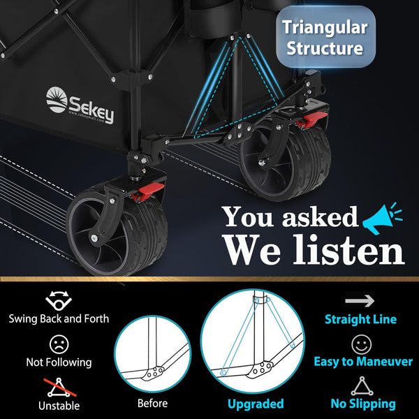 Sekey 200L Folding Festival Trolley with All-Terrain Extra Wide Wheels and Brake, Heavy-Duty Cart Loadable up to 150KG, Patented Four-Directional Foldable Design, Wagon for Beach Camping Outdoor, Grey