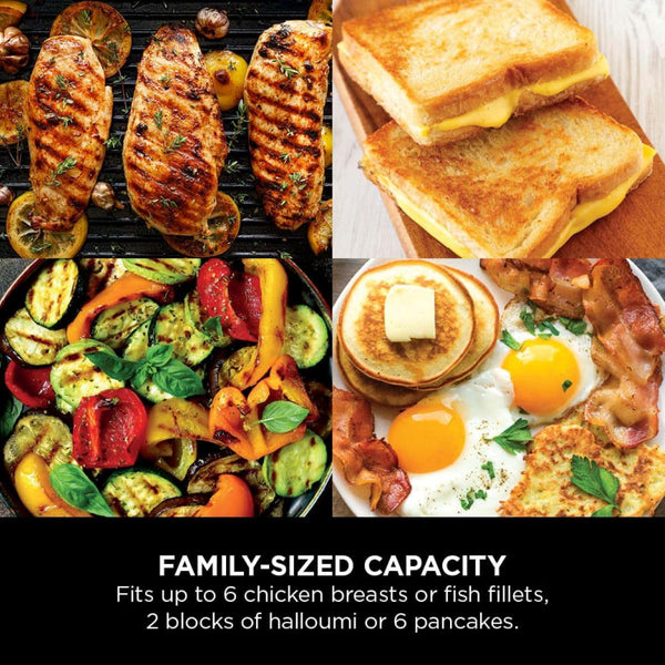 Ninja Sizzle Low Smoke Electric Indoor Grill & Flat Plate, 1460W, with Non-Stick Grill Plate & Flat Top Plate, Detachable Dishwasher Safe Lid, Grease Catch & Recipe Guide, Grey GR101UK