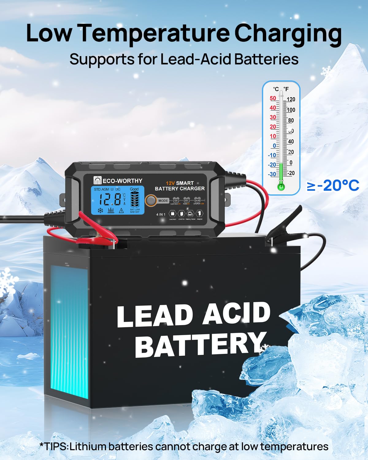 ECO-WORTHY 12V 10A LiFePO4 Battery Charger Automatic Smart and Maintainer (UK Plug) with LCD Display for Scooter Lead Acid and Lithium (LiFePO4) Battery