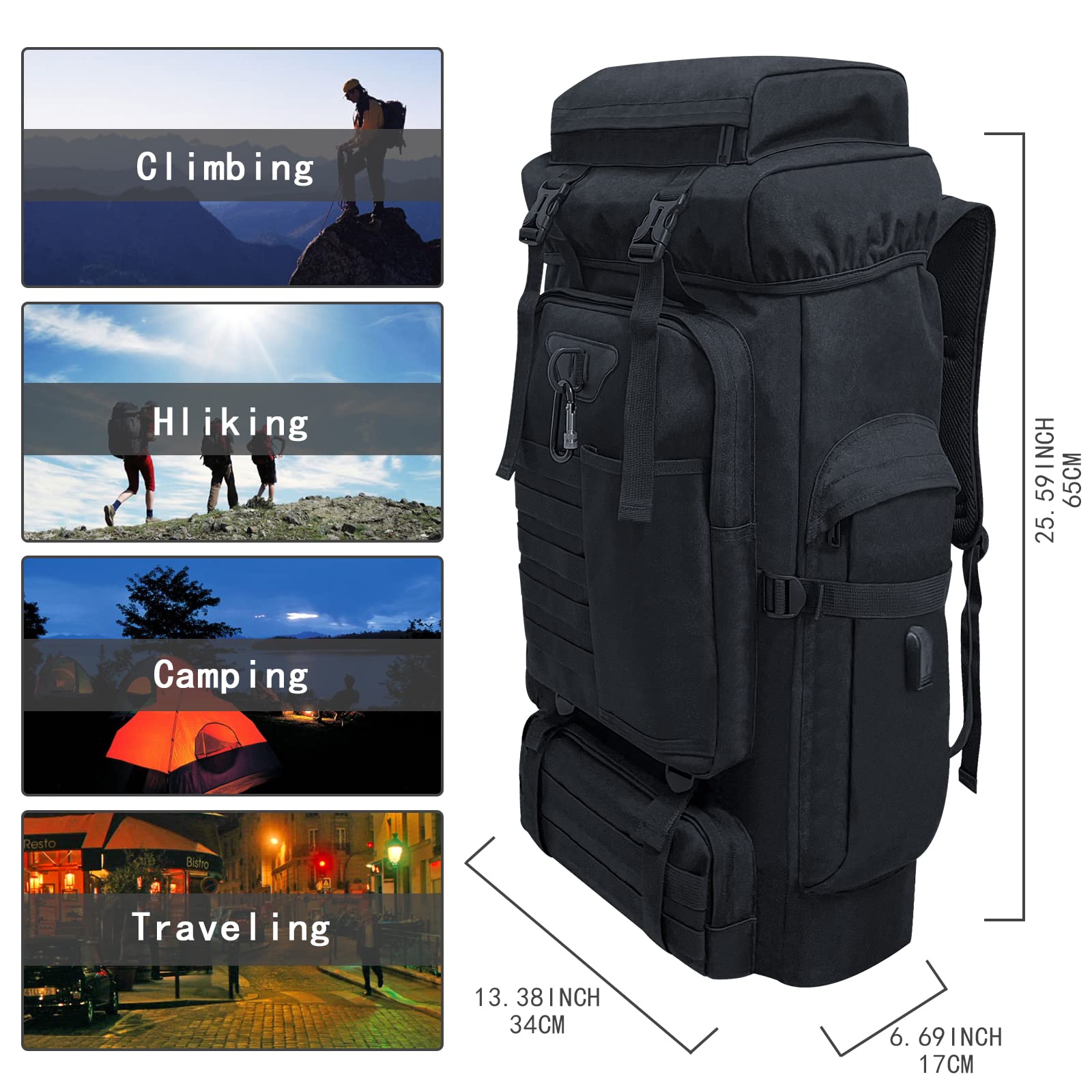 Ogetok 80L Hiking Backpack Camping Rucksack, 80 liters Large Capacity Outdoor Knapsack Travel Climbing Mountaineering Carry On Backpack Bag, Trekking Backpacking for Men Women, Black