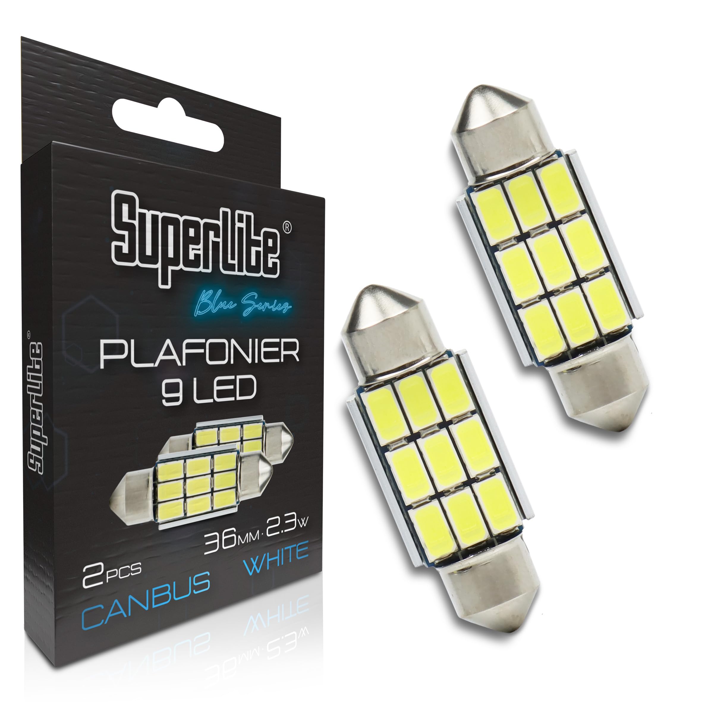 Superlite Set of 2 T10 Bulbs with 18 Leds from the Blue Series range. CanBus Technology and 6500K Colour Temperature. Ideal for Car and Truck.
