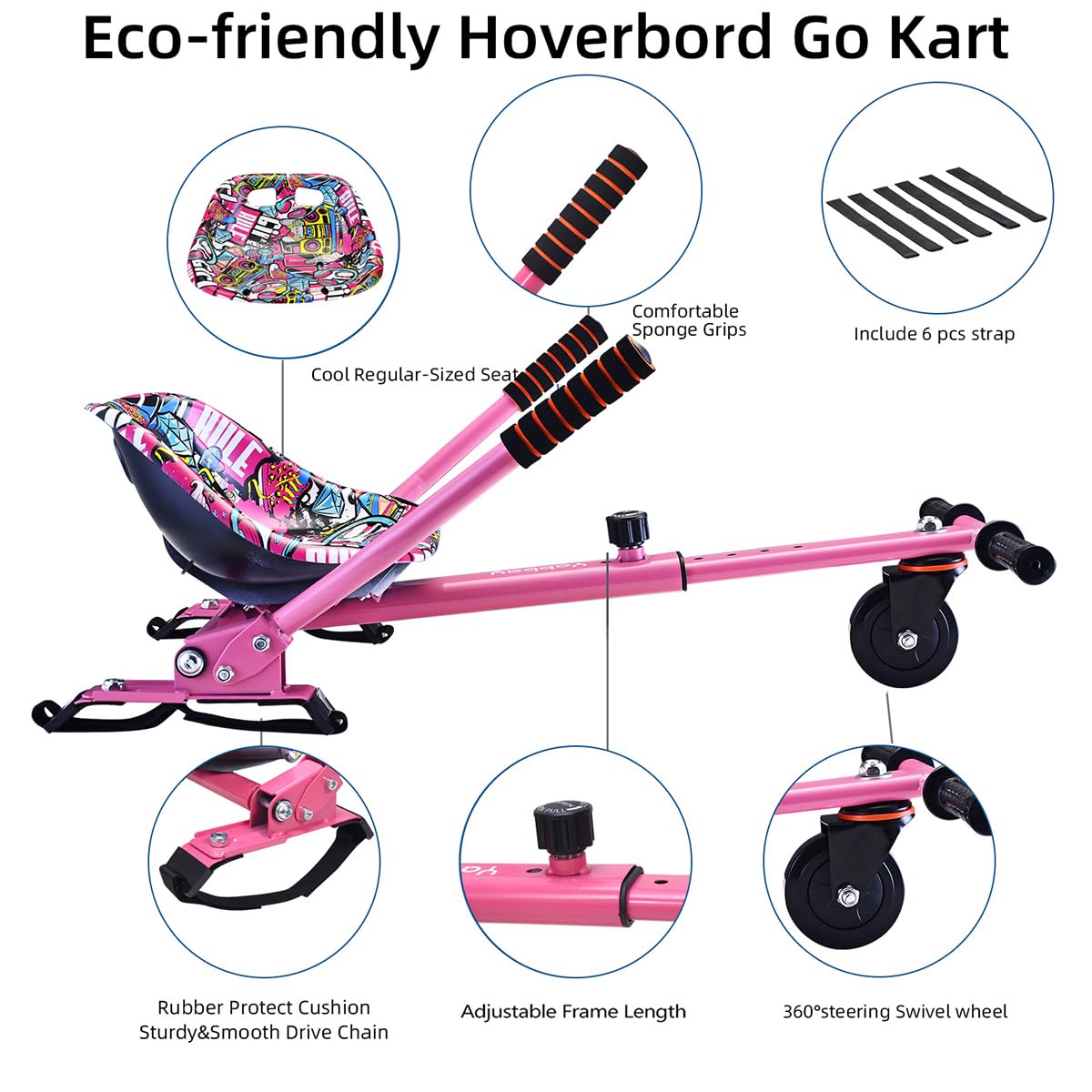 fastvert Eco-friendly Hoverbord Go Kart Attachment - Stylish Seat, Swivel Wheel, Adjustable Length - Fits 6.5", 8", 8.5", 10" hoverbords - Safe &