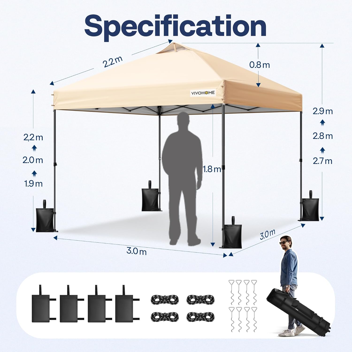 VIVOHOME Canopy Tent 3x3m Outdoor Shelter 2 Tiers Roof with Portable Wheel Carry Bag and 4 Sandbags Pop Up for Patio Garden Backyard