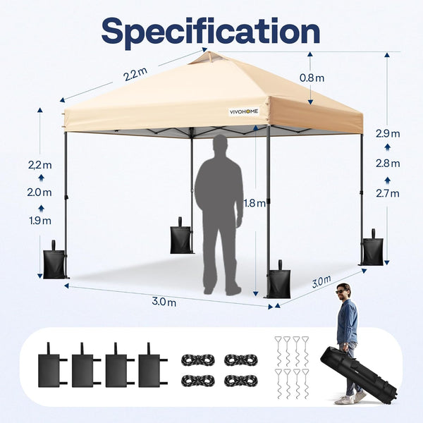 VIVOHOME Canopy Tent 3x3m Outdoor Shelter 2 Tiers Roof with Portable Wheel Carry Bag and 4 Sandbags Pop Up for Patio Garden Backyard