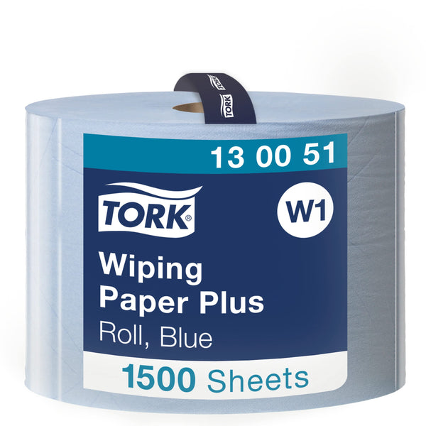 Tork 130070 Heavy-Duty Wiping Paper / 2 Ply Absorbent Paper Roll Suitable for Tork W1 Wipers Wall/Floor/Standard System / Blue / 1 x 340m / Ø 37.5cm
