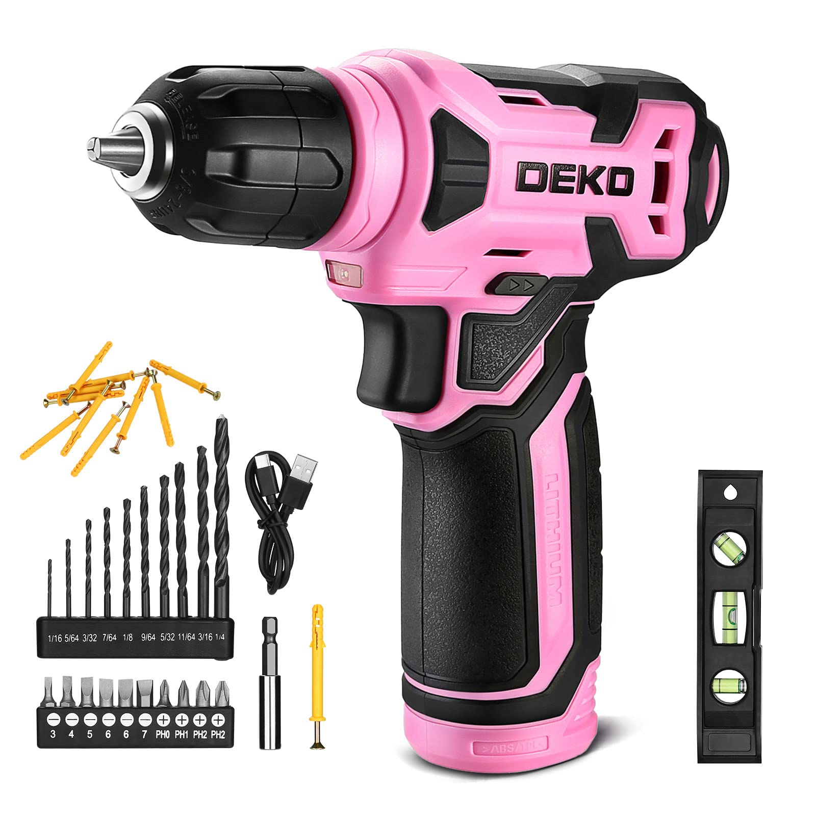 8V Cordless Drill, Drill Set with 3/8" Keyless Chuck, 42pcs Acessories, Built-in LED, Type-C Charge Cable, Pink Power Drill for Drilling and Tightening/Loosening Screws