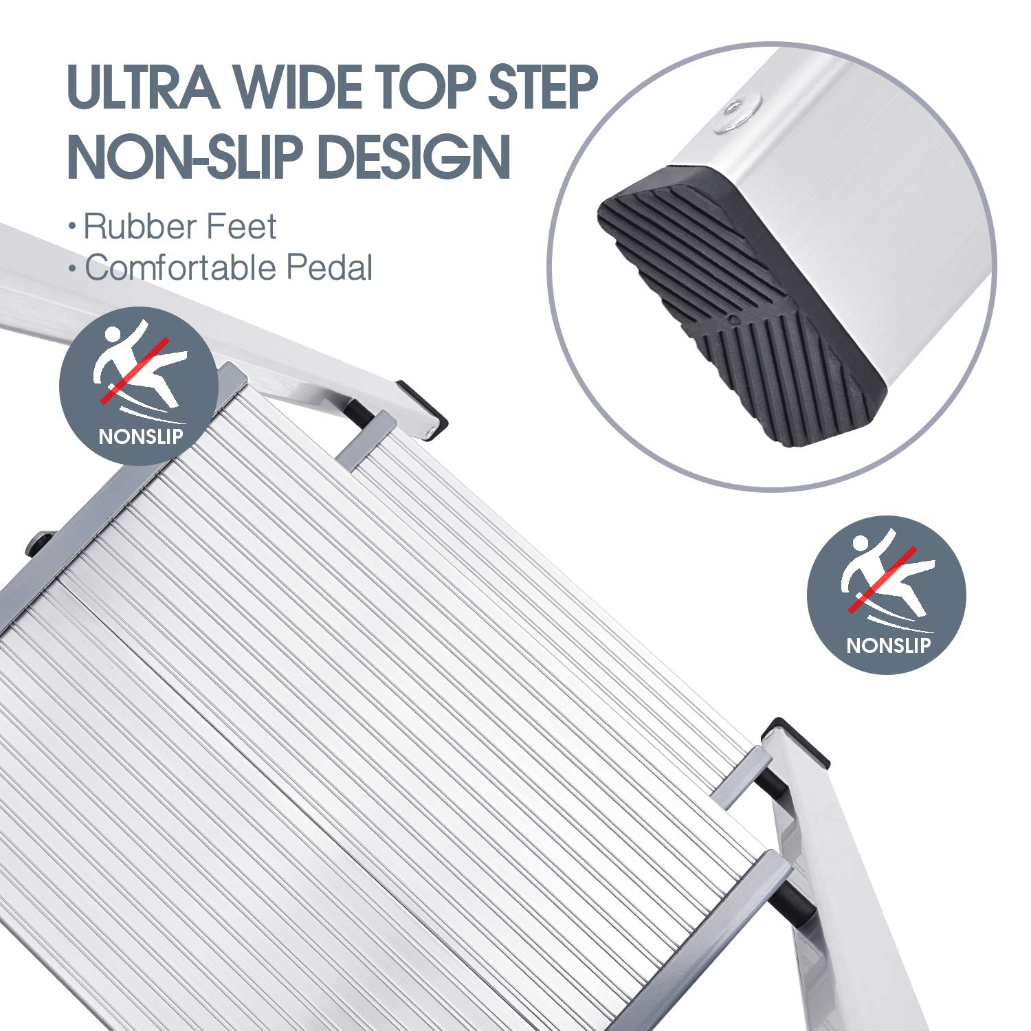 KINGRACK 2 Step Ladder with Handrail, Non-Slip Household Ladder with Folding Safety, Aluminium Folding Step Stool, Maximum Load 150 kg, Black