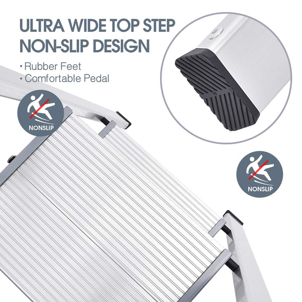 KINGRACK 2 Step Ladder with Handrail, Non-Slip Household Ladder with Folding Safety, Aluminium Folding Step Stool, Maximum Load 150 kg, Black