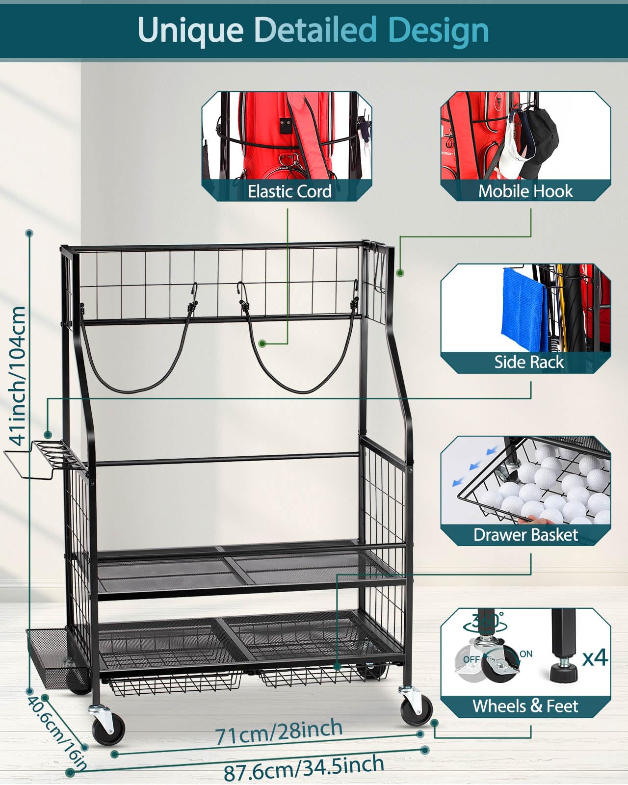 EXTCCT Golf Bag Storage Garage Organizer- Golf Bag Stand Fit for 2 Golf Bags and Golf Clubs, Golf Balls, Golf Equipment Accessories, Extra Large Golf