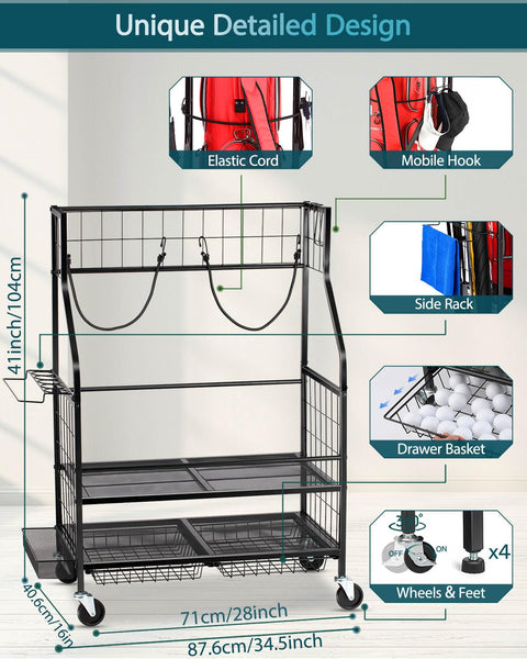 EXTCCT Golf Bag Storage Garage Organizer- Golf Bag Stand Fit for 2 Golf Bags and Golf Clubs, Golf Balls, Golf Equipment Accessories, Extra Large Golf