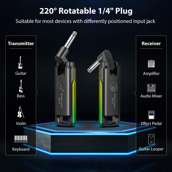 Wireless Guitar System,LEKATO Wireless Guitar Transmitter Receiver with 70 Channels,<3ms Low Latency Rechargeable Digital Audio Guitar Cable Cordless Bass Jack Lead for Electric Guitars,Bass,KeyBoard