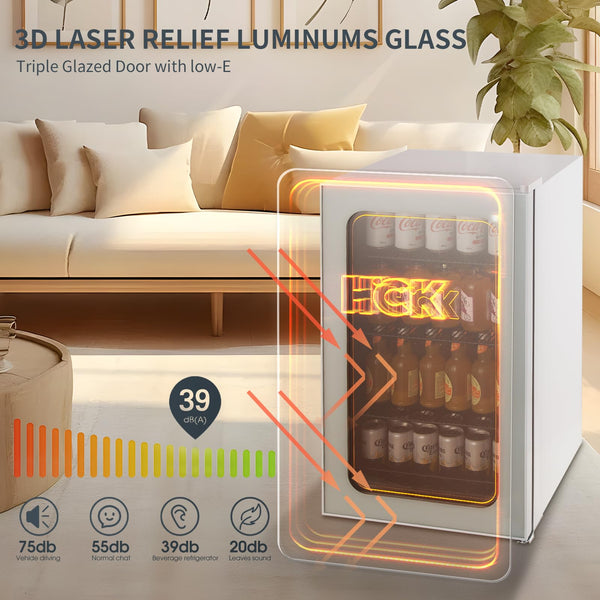 HCK 48L Mini Fridge with Glass Door, 0-15°C Cooling Zone and 2 Shelves, Compact Beverage Refrigerator Cooler for Bar and Living Room