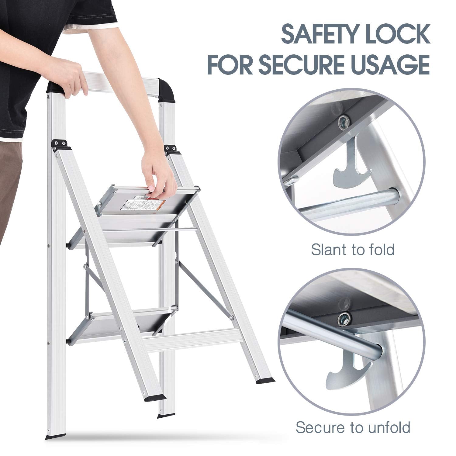 KINGRACK 2 Step Ladder with Handrail, Non-Slip Household Ladder with Folding Safety, Aluminium Folding Step Stool, Maximum Load 150 kg, Black