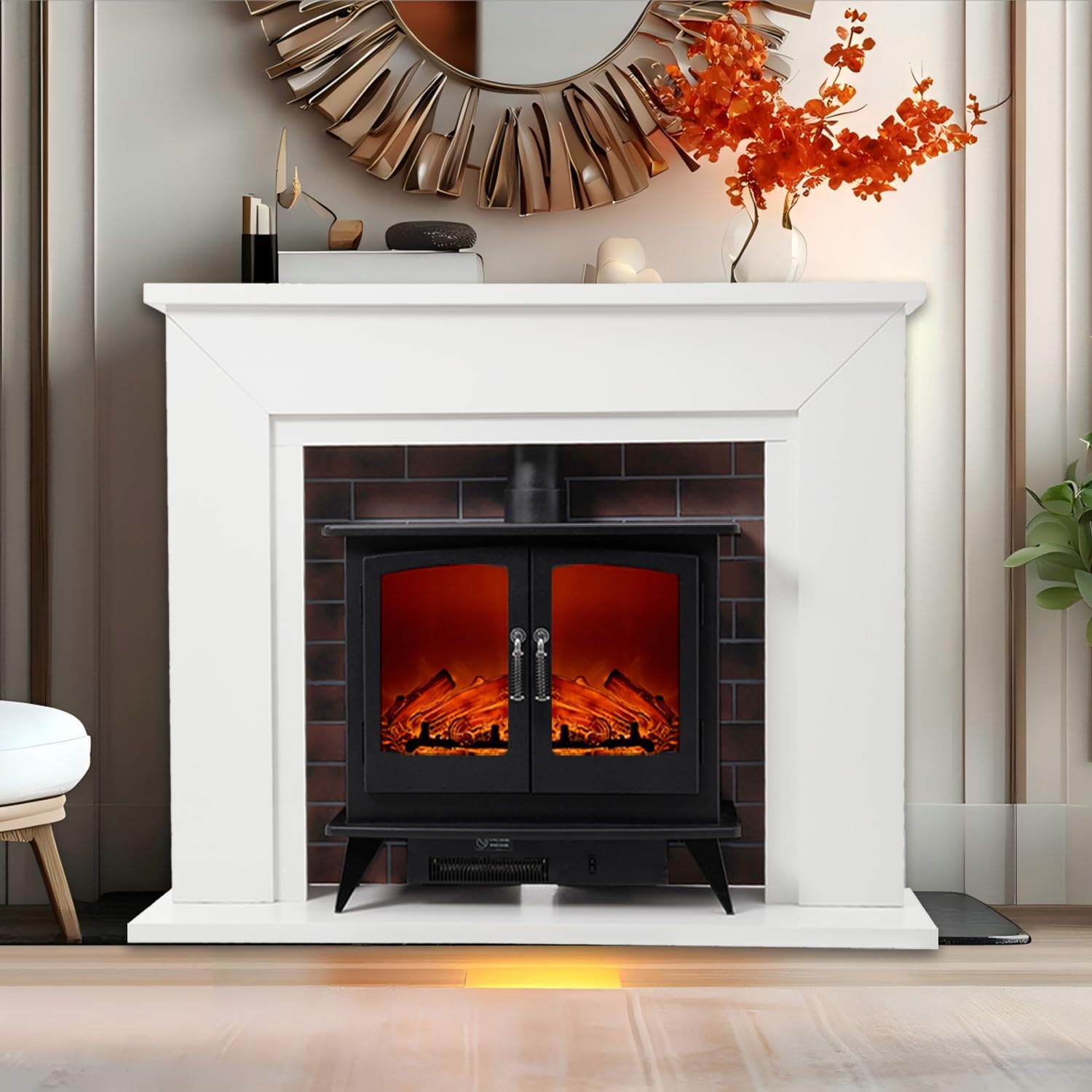 Wrmiehomy Electric Fire and Surround Frame & Chimney, Log Effect Electric Fireplace with 7 Day Programmable Remote Control 7 Flame Colours, 1&2kW Heat Output, Adjustable Temperature, Timer