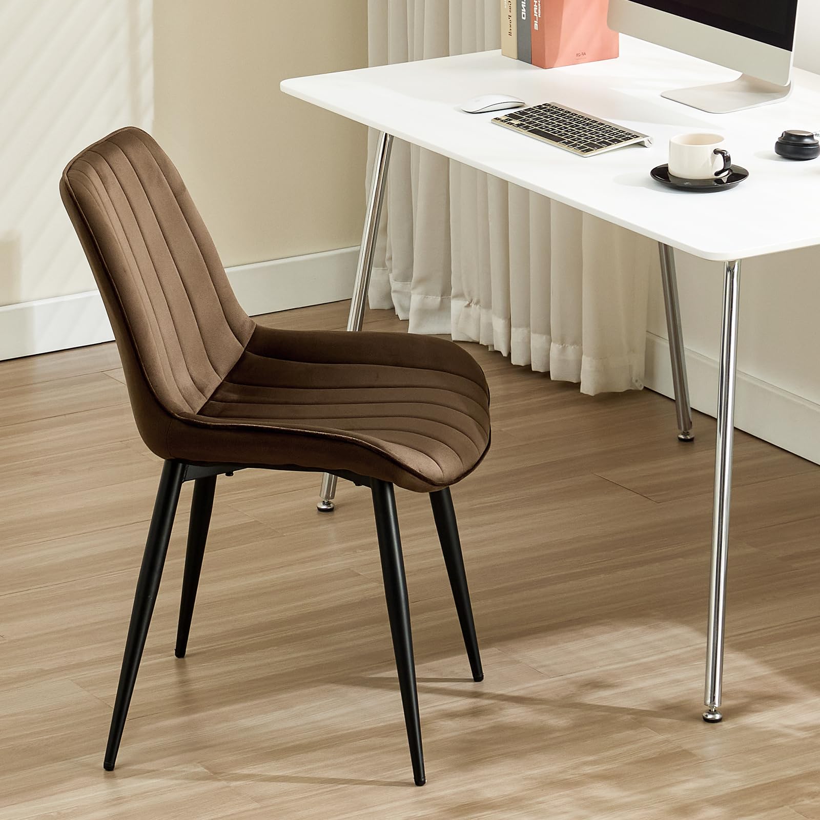 LONGTOO Set of 6 Dining Chairs with Velvet Upholstered Seat & Backrest,Stable Metal Legs,Modern Stripe Design,Champagne