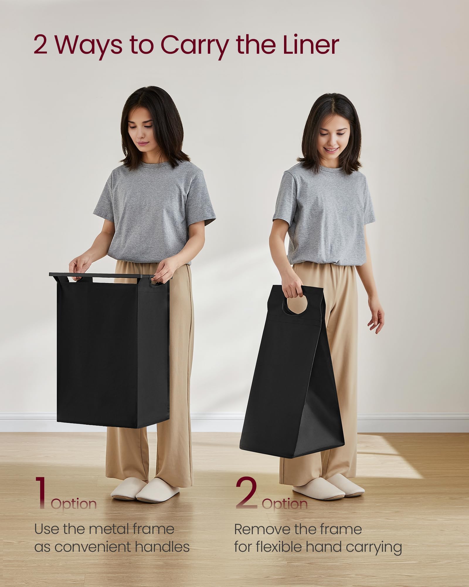 VASAGLE Laundry Basket, Laundry Hamper, Pull-Out and Removable Liner Bag, Shelf, Metal Frame, 65 L, 50 x 33 x 72 cm, Ink Black and Rustic Brown BLH101B01