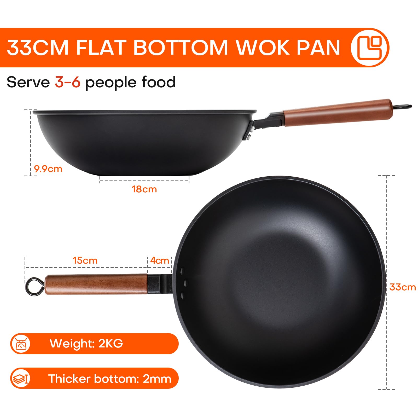 Jobin 33cm/5.6L Non Stick Wok with Lid of Iron Carbon Steel Frying Pan No Chemical Coated and Large Capacity for Cook Asian Dishes for 4-6 People,