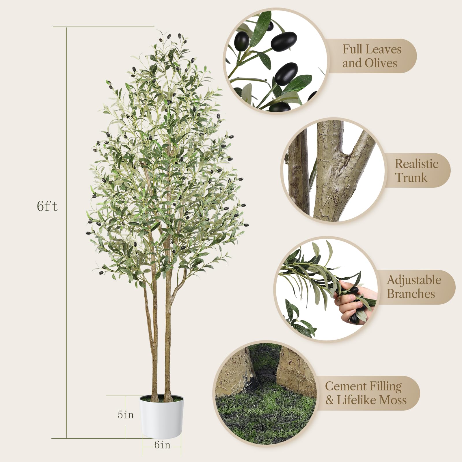 Alupssuc 6FT Olive Tree Artificial, Faux Olive Tree with White Pot, Fake Olive Tree Indoor Outdoor with Natural Wood Trunk & Lifelike Fruits, Perfect