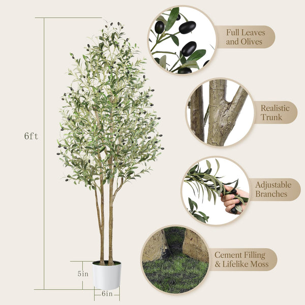 Alupssuc 6FT Olive Tree Artificial, Faux Olive Tree with White Pot, Fake Olive Tree Indoor Outdoor with Natural Wood Trunk & Lifelike Fruits, Perfect