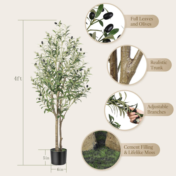 Alupssuc 4FT Artificial Olive Tree, Lifelike Olive Leaves, Faux Tree Indoor/Outdoor for Home, Living Room, Bedroom, Balcony, Office, Garden Decor