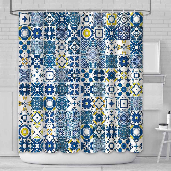 AIBIIN 180x180cm Blue and Yellow Tiles Shower Curtain Modern Retro Textures Morocco Mosaic Portuguese Mediterranean Shower Curtains for Bathroom