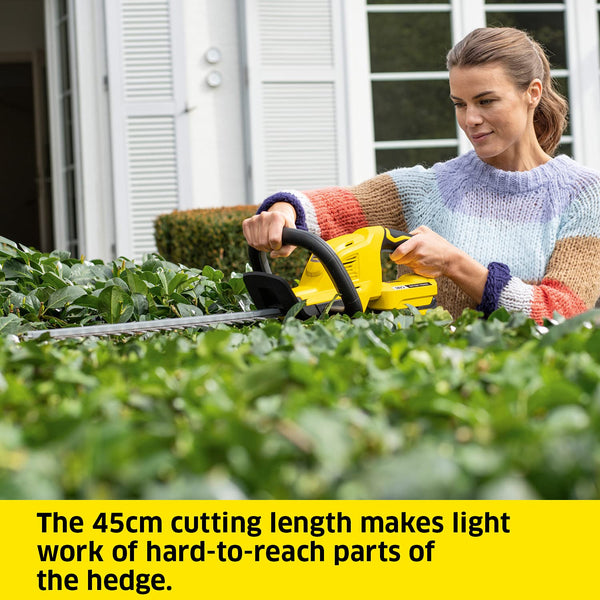 K?rcher 18 V Cordless Hedge Trimmer HGE 18-45, Cutting Length: 45 cm, Diamond-ground Blade, Weight: 2.68 kg, Power: Max 250-500 m, Can be Used with