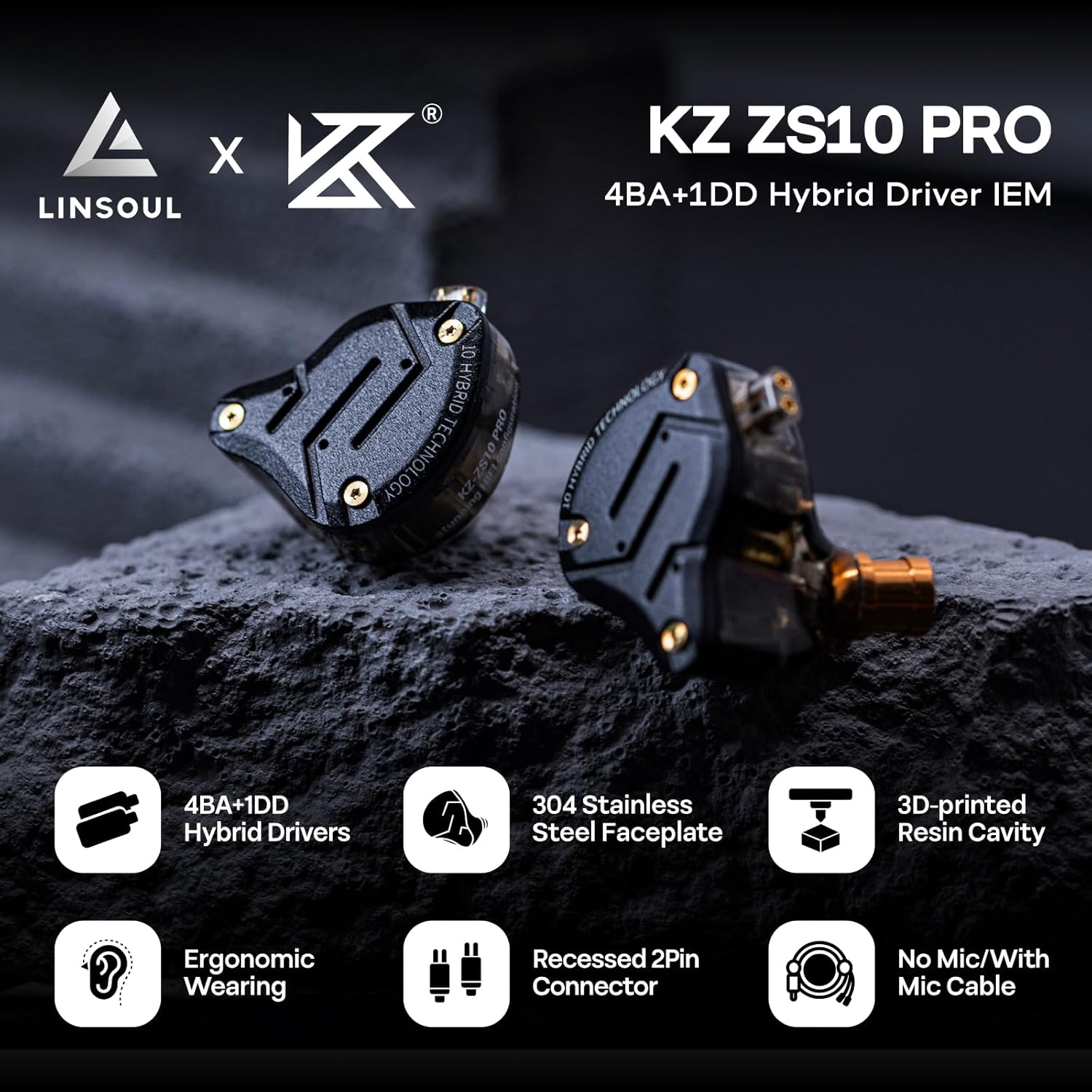 Linsoul KZ ZS10 Pro, 4BA+1DD 5 Driver in Ear Monitor, HiFi Wired Earbuds, Gaming Earbuds, Hybrid IEM Earphones with Stainless Steel Faceplate, Recessed 2 Pin Detachable Cable(With Mic, Glare Blue)