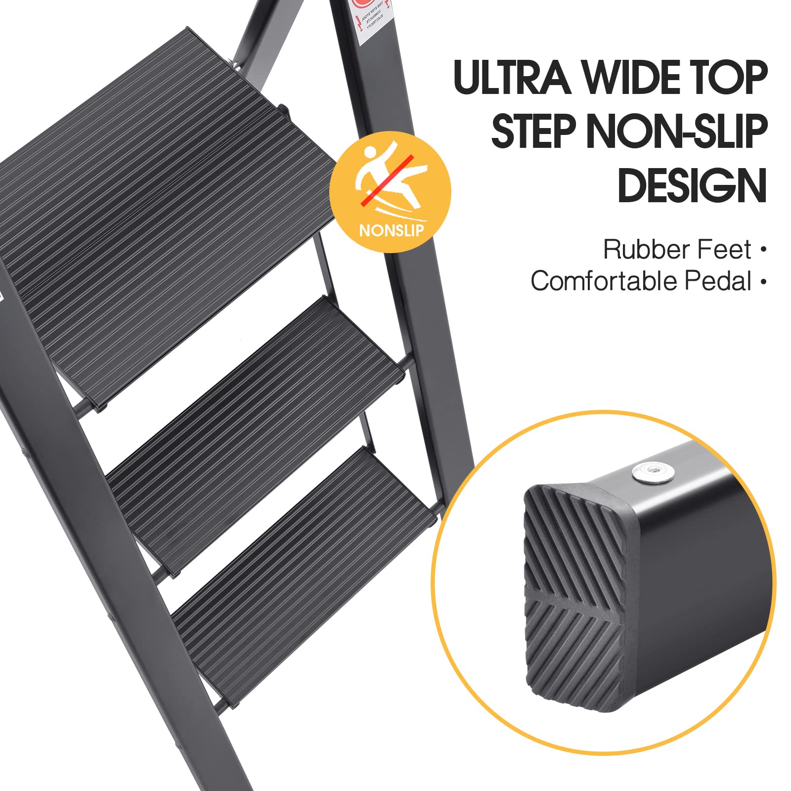 KINGRACK 2 Step Ladder with Handrail, Non-Slip Household Ladder with Folding Safety, Aluminium Folding Step Stool, Maximum Load 150 kg, Black