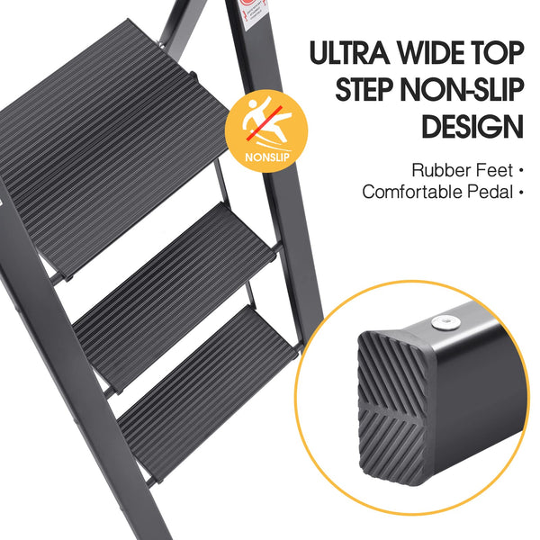 KINGRACK 2 Step Ladder with Handrail, Non-Slip Household Ladder with Folding Safety, Aluminium Folding Step Stool, Maximum Load 150 kg, Black