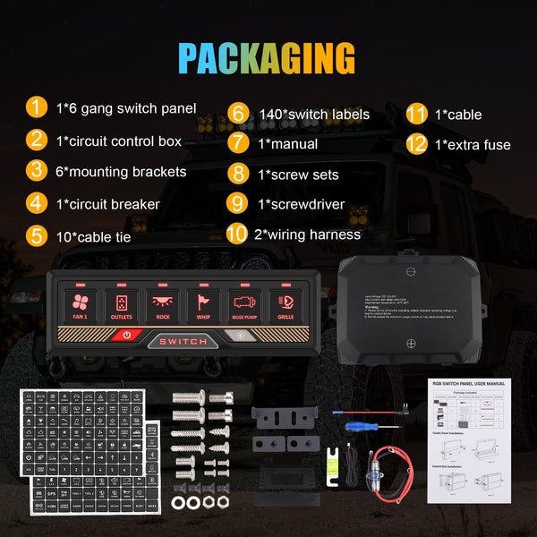 Chelhead 12V/24V Switch Control Panel RGB 6 Gang Dimmable Multi-Function Programmable Switch Panel Acc Battery Control Waterproof, Compatible with Truck Boat SUV RV Trailer Marine ATV UTV