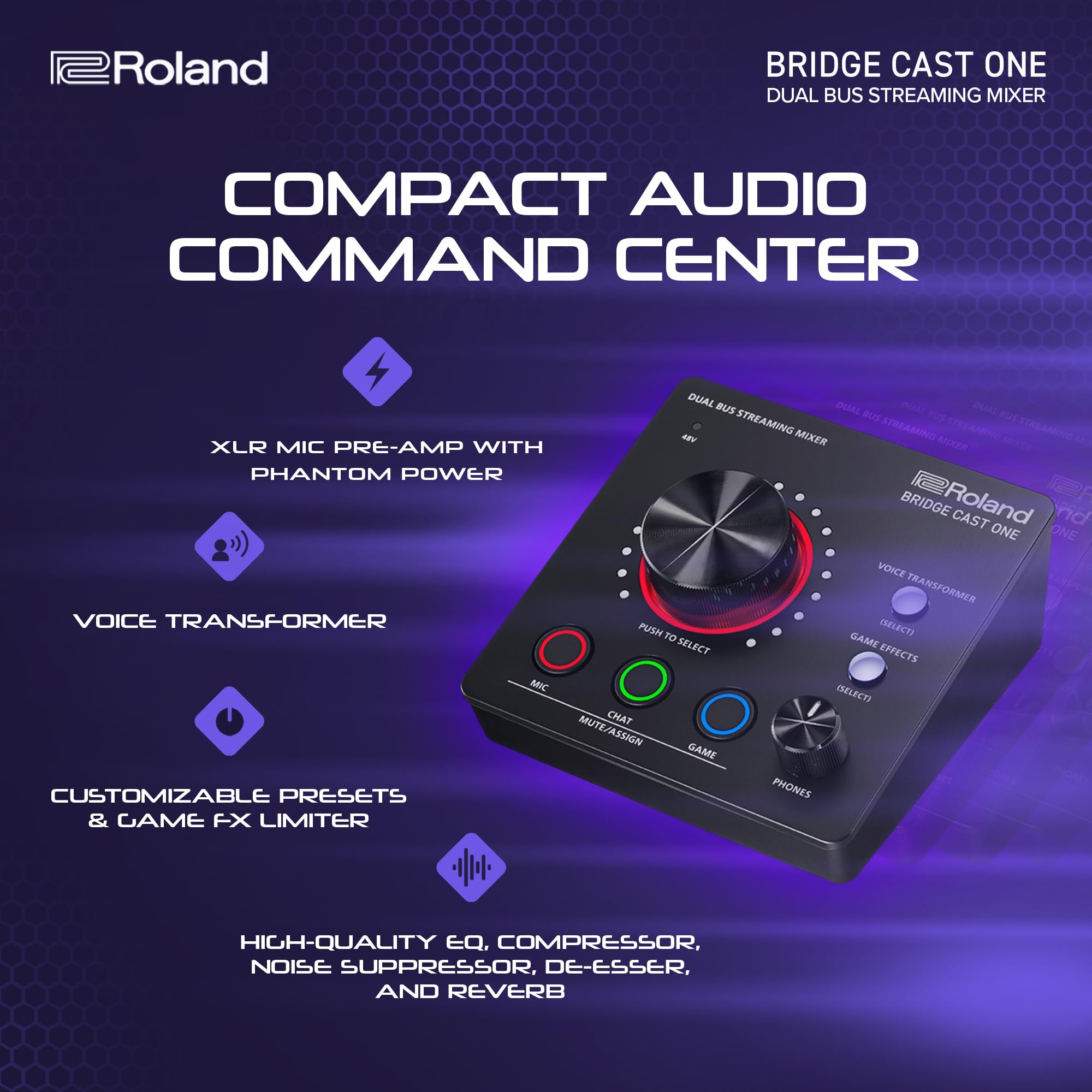 Roland BRIDGE CAST ONE Dual Bus Streaming Mixer Compact Audio Streaming Mixer For Online Gamers & Content Creators 32-Bit Hardware DSP USB-C Windows and Mac Connectivity XLR Mic Support
