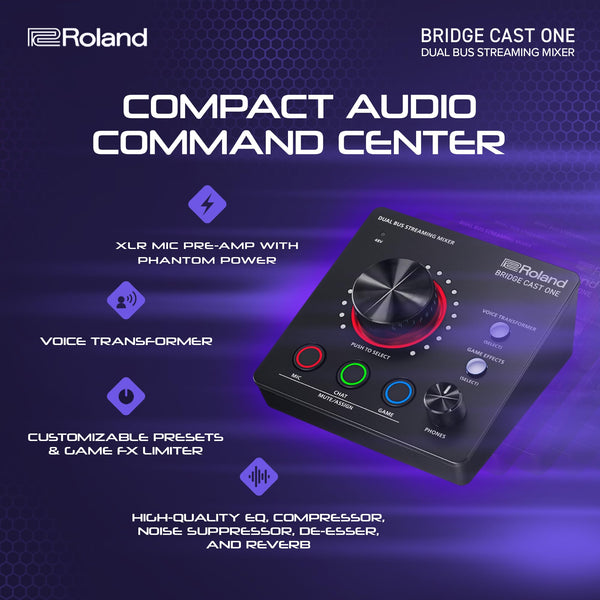 Roland BRIDGE CAST ONE Dual Bus Streaming Mixer Compact Audio Streaming Mixer For Online Gamers & Content Creators 32-Bit Hardware DSP USB-C Windows and Mac Connectivity XLR Mic Support
