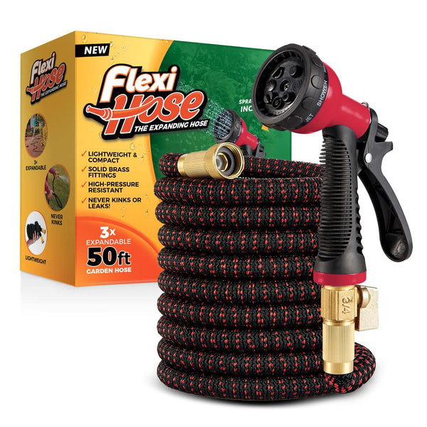 Flexi Hose Upgraded Expandable Garden Hose Pipe Including 8 Function Spray Gun Nozzle - Extra Strength with 2 cm Solid Brass Fittings - No-Kink Flexible Garden Hoses (Orange/Black 15 Metres)