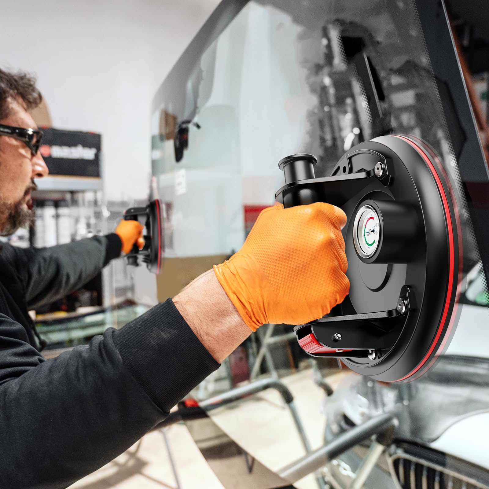 Avhrit 8-Inch Tile Suction Cups Lifter with Pressure Gauge, 485 lbs/220 kg Load Capacity, Heavy Duty Glass Vacuum Suction Cup for Replacing Auto Windshields, Tiles, Granite, and Floors (Two Cups)