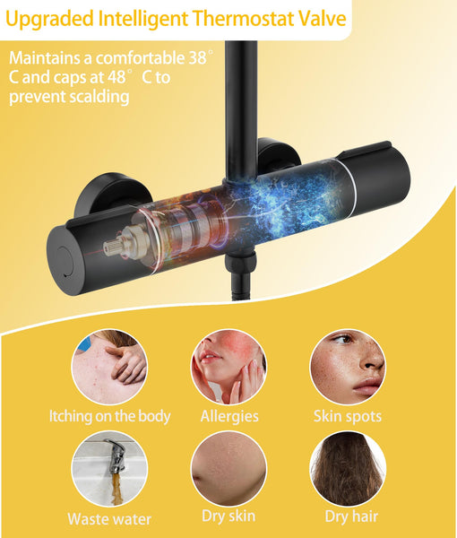 Thermostatic Shower Mixer Set,38°C Thermostatic Shower System with Rainfall Shower Head,3-Mode Handheld Shower,Adjustable Height Stainless Steel Shower Set (Black)