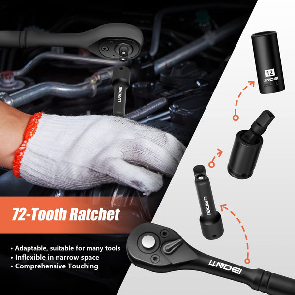 LLNDEI 1/4-Inch Drive Impact Socket Set, 52 PCS Mechanic Tool Set with Ratchet & Adapter, CR-V, Metric and Standard Full Sockets with Storage Tool Kit for Household & Automotive Repair & DIY Project