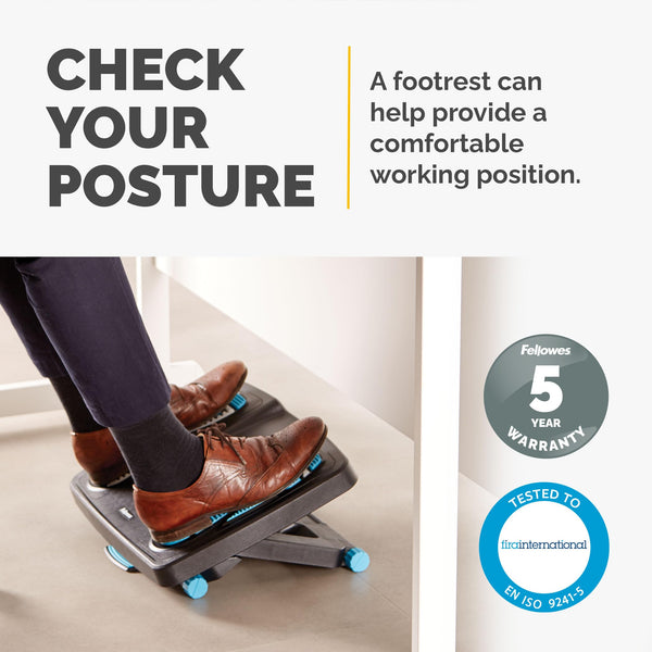 Fellowes Energiser Ergonomic Foot Rest for Under Desk with three Height Adjustments and Massage Surface, blue/charcoal/grey