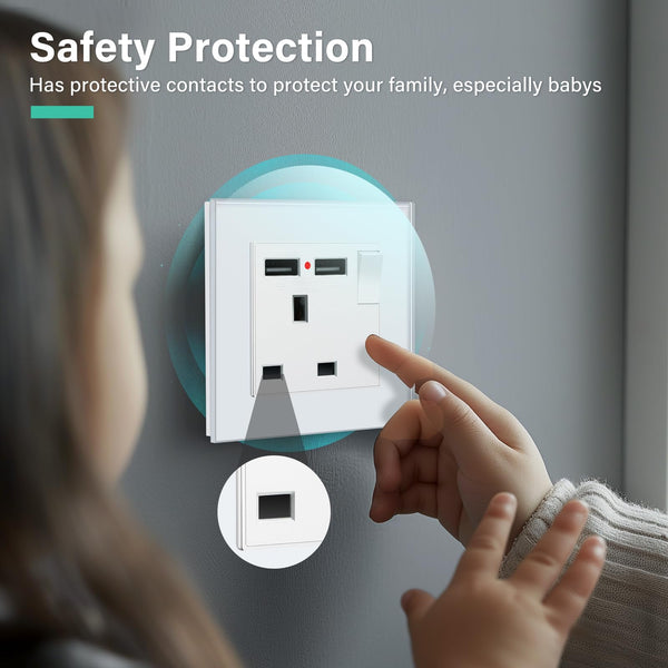 BSEED Double Socket 13A with LED Indicator, Double Switched Wall Socket 2 Gang UK Standard, Electric Switched Plug Power Wall Outlet with Glass Panel, Grey