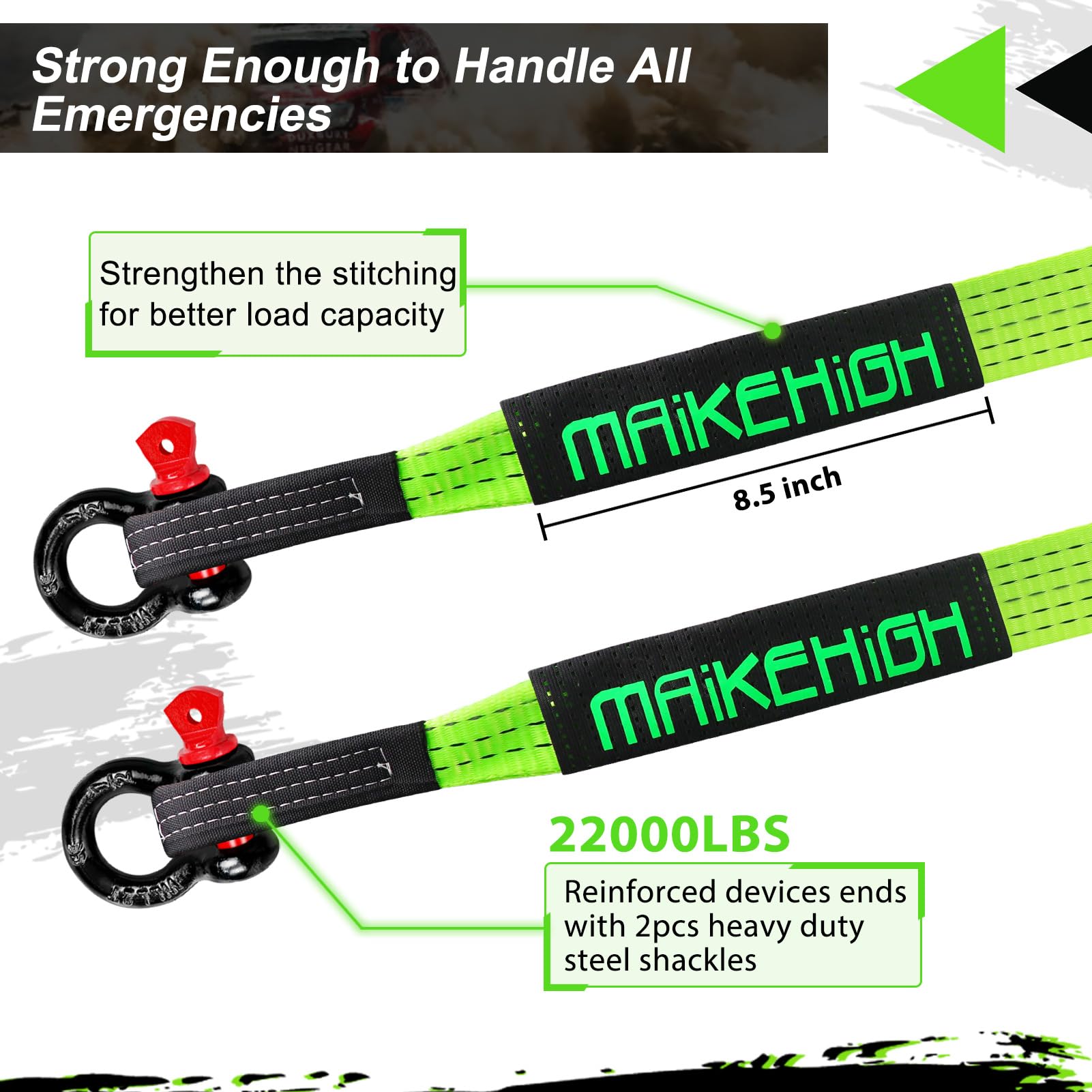 MAIKEHIGH Towing Rope 15 Ton (33,700 Lbs), 6M x 7.6cm Off-Road Recovery Tow Strap with 2 Gloves for Car, Truck, SUV, Snow (Green)